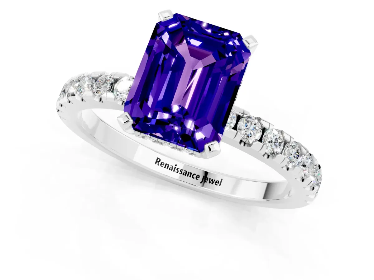 Emerald Cut Tanzanite Solitaire Ring with Round Pavé Band and Four-Prong Setting Silver