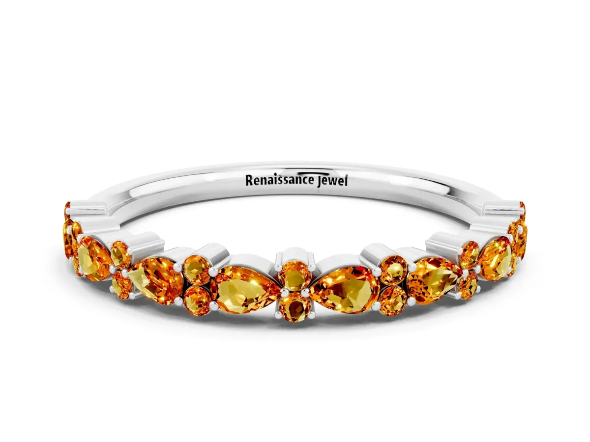 Pear and Round Citrine Wedding Band Silver