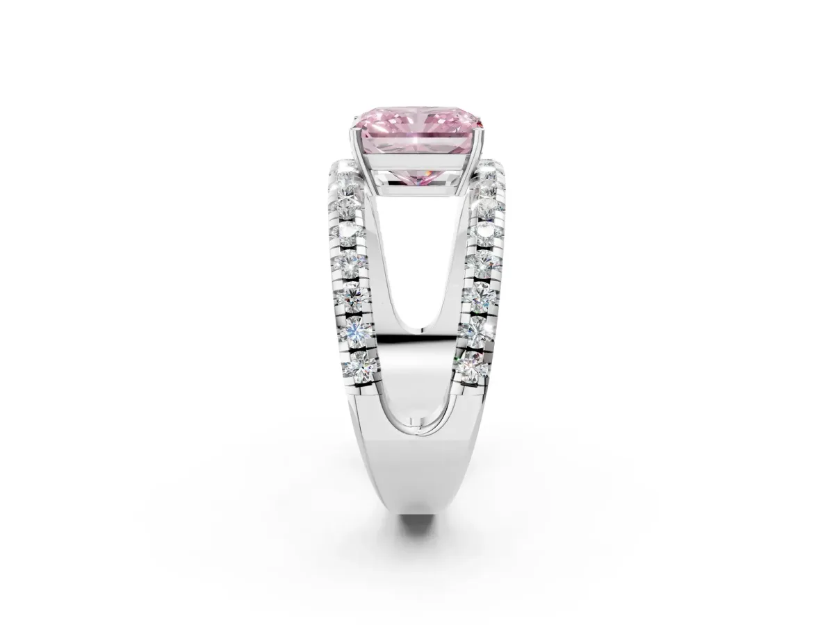 Fancy Pink Radiant Cut Solitaire Split Shank Pave Diamond Ring Platinum
