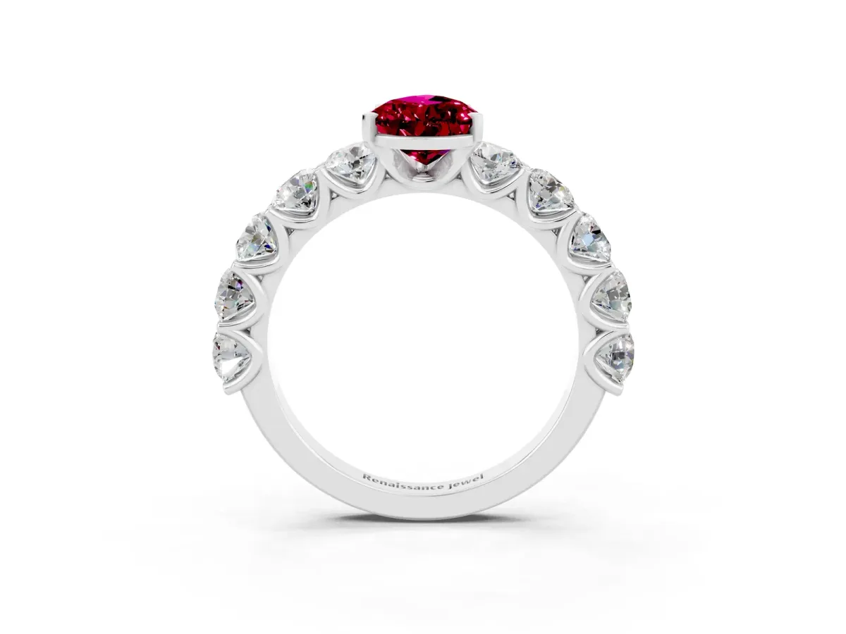 Pear Cut Garnet Prong Setting with Side Stones on a Pave Band Silver