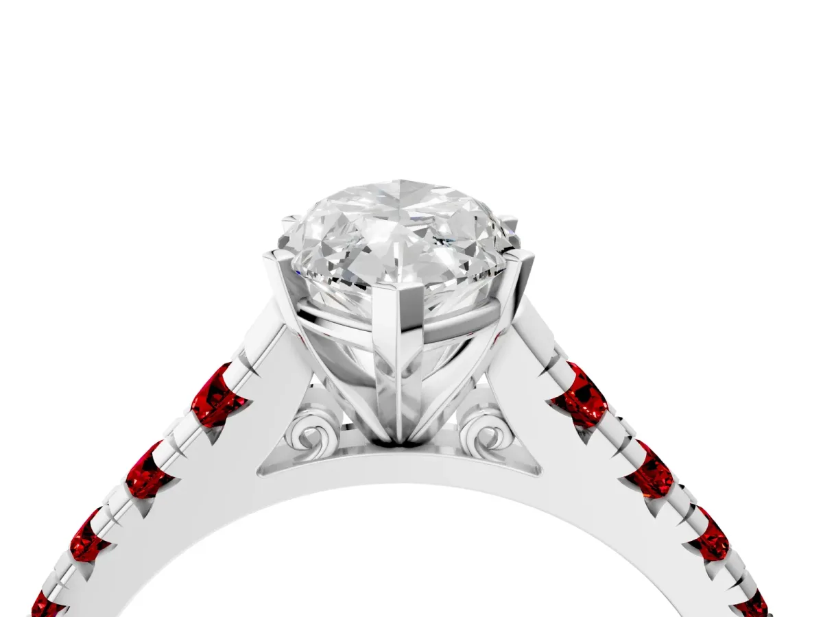 Marquise Cut Diamond Cathedral Solitaire Ring with Round Ruby Pavé Band White gold