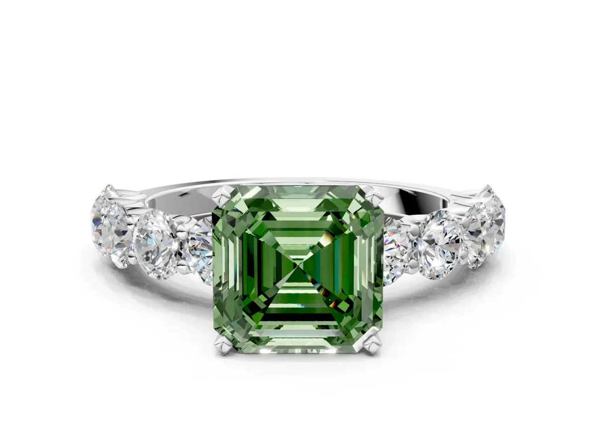 Fancy Green Asscher Cut Diamond Prong Setting with Side Stones on a Pave Band Silver