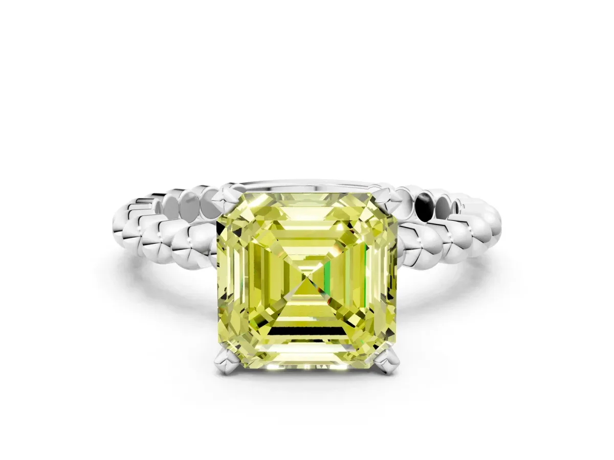 Fancy Yellow Asscher Cut Diamond Solitaire Ring with Beaded Band and Prong Setting Silver