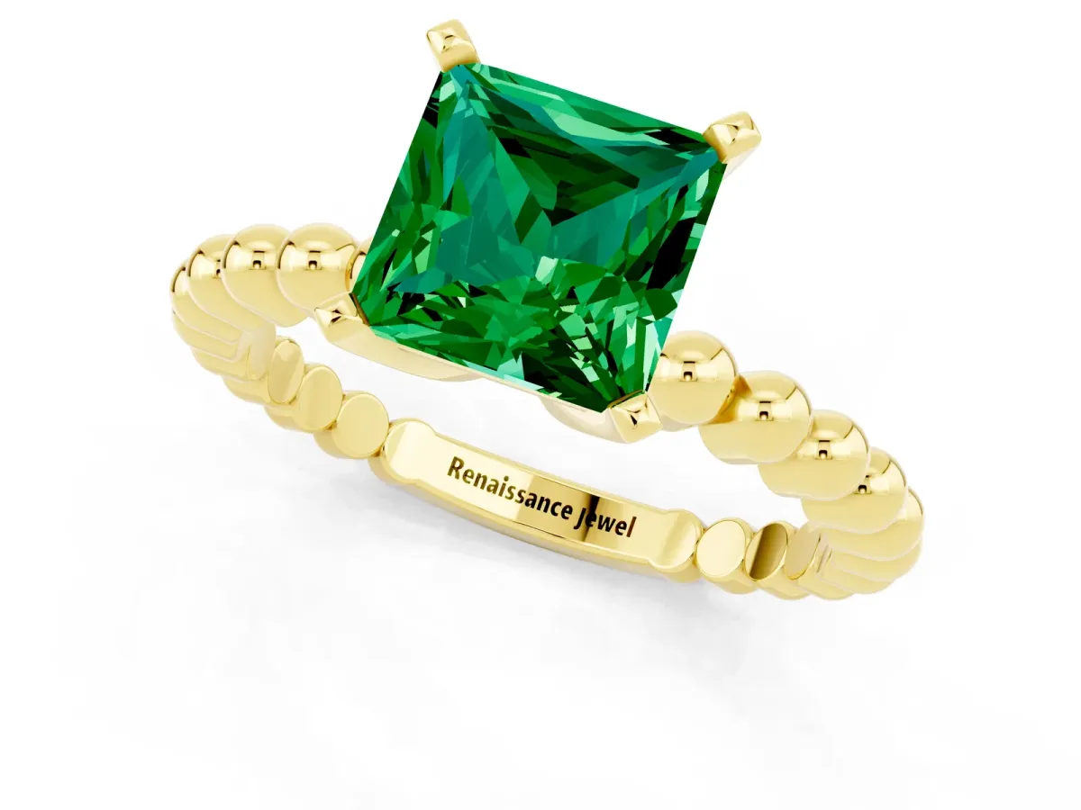 Princess Cut Emerald Solitaire Ring with Beaded Band and Prong Setting Yellow gold