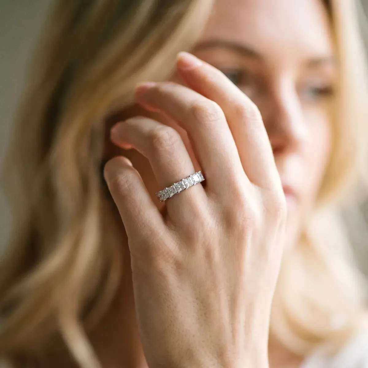 Princess Cut Diamond Eternity Band with Channel Setting and Shared Prong Silver