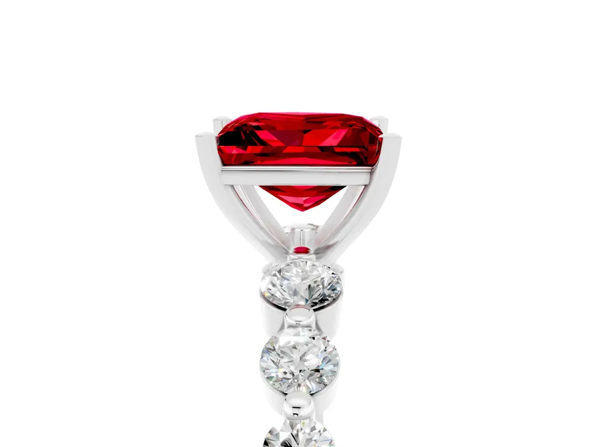 Princess Cut Solitaire Ruby Ring with Pave Band and Four-Prong Setting White gold