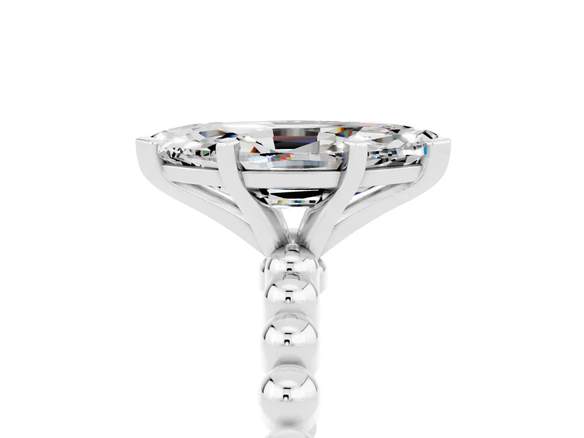 Marquise Cut Moissanite Solitaire Ring with Beaded Band and Prong Setting Silver