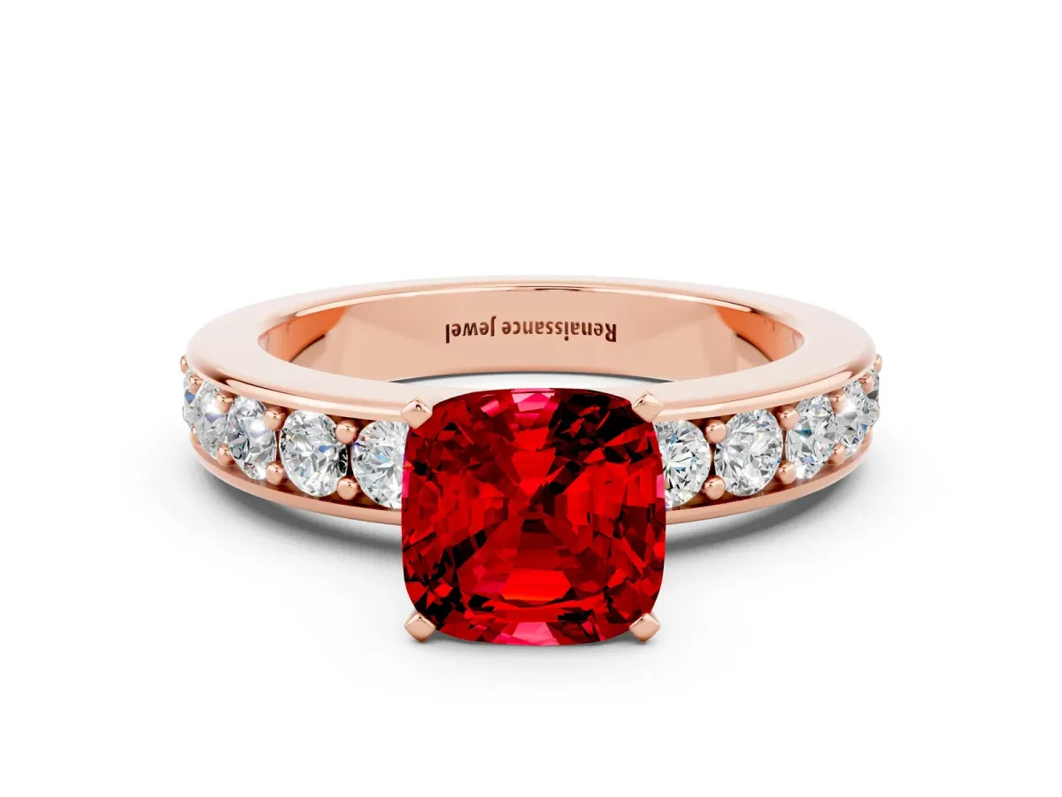 Cushion Cut Ruby Engagement Ring with Channel Set Round Band and Prong Setting Rose gold