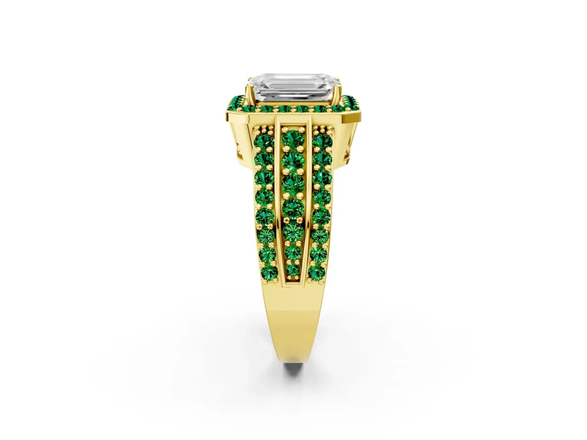 Emerald Cut Halo Diamond Ring with Round Emerald Split Shank and Prong Setting Yellow gold