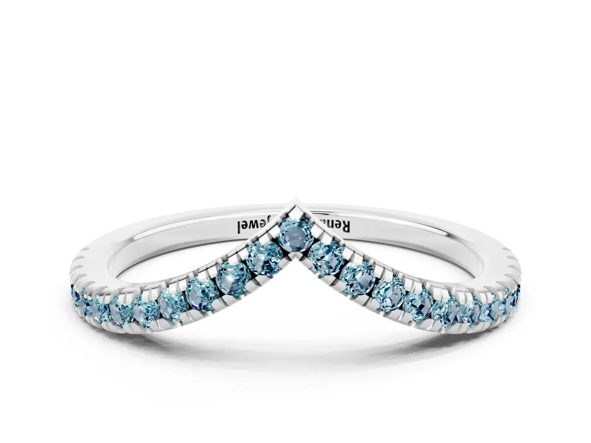Pavé Round Aquamarine V-Shaped Chevron Band with Shared Prong Setting White gold