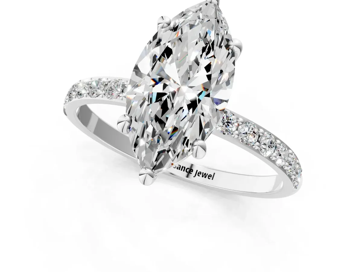 Marquise Cut Diamond Solitaire Ring with Round Pavé Band and Prong Setting Silver