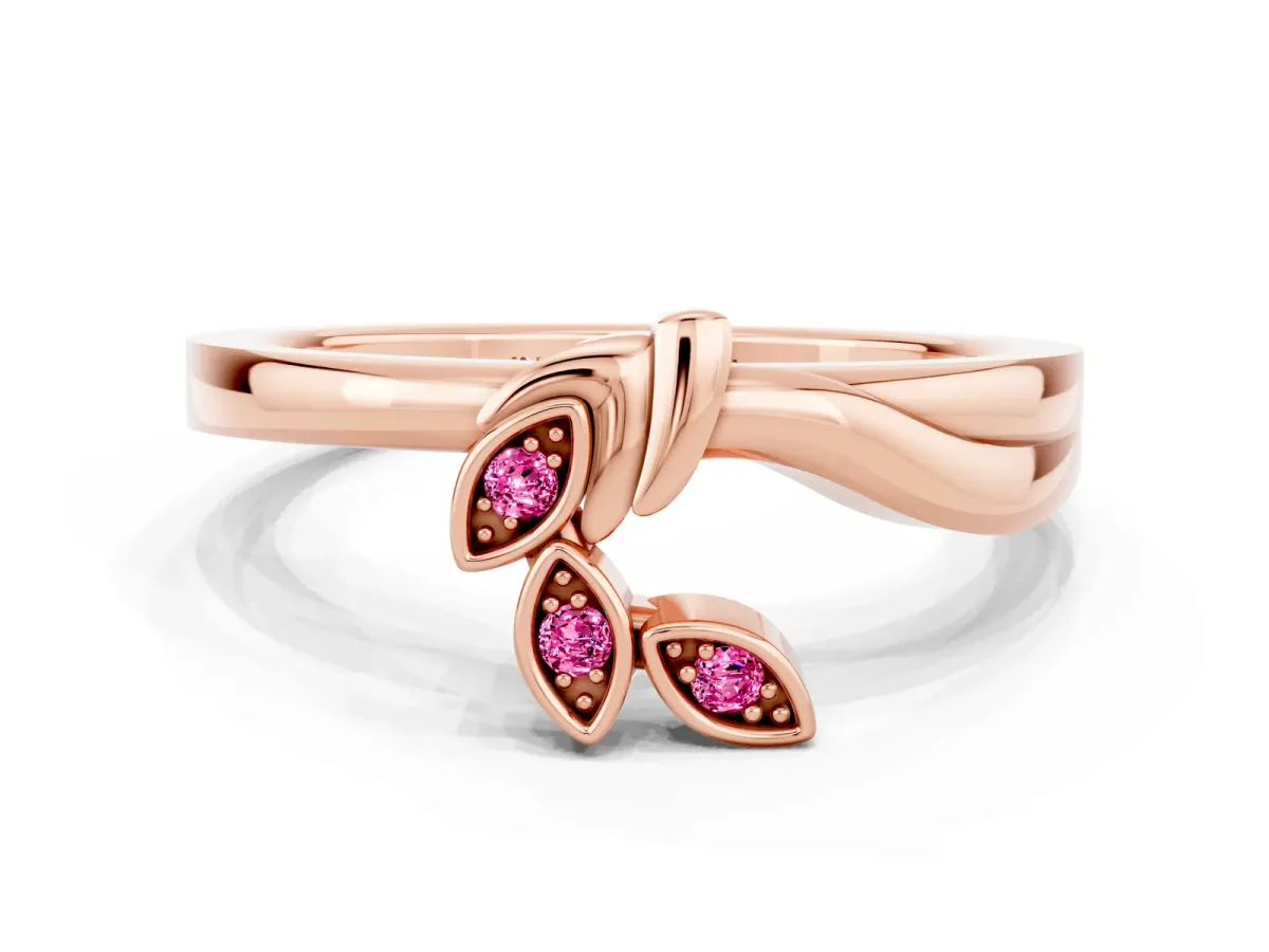 Three-Stone Round Pink Sapphire Leaf Bypass Ring with Bezel Setting Rose gold