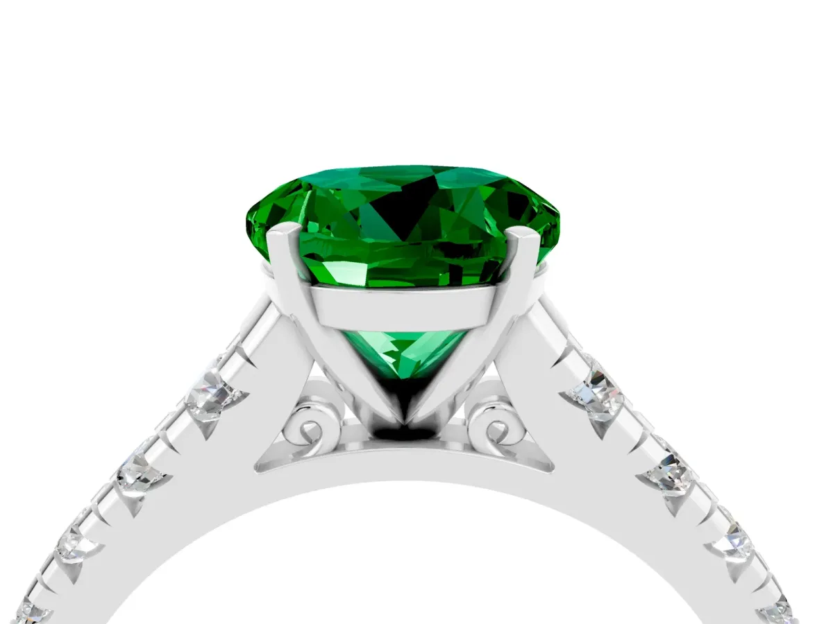 Round Cut Emerald Cathedral Solitaire Ring with Round Pavé Band Platinum