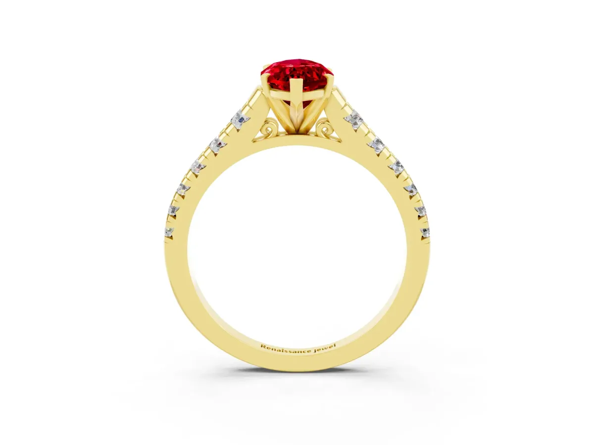 Marquise Cut Ruby Cathedral Solitaire Ring with Round Pavé Band Yellow gold