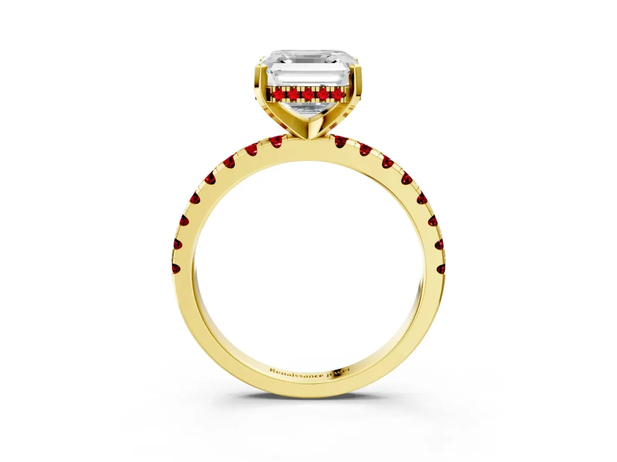 Asscher Cut Diamond Solitaire Ring with Round Ruby Pavé Band and Four-Prong Setting Yellow gold