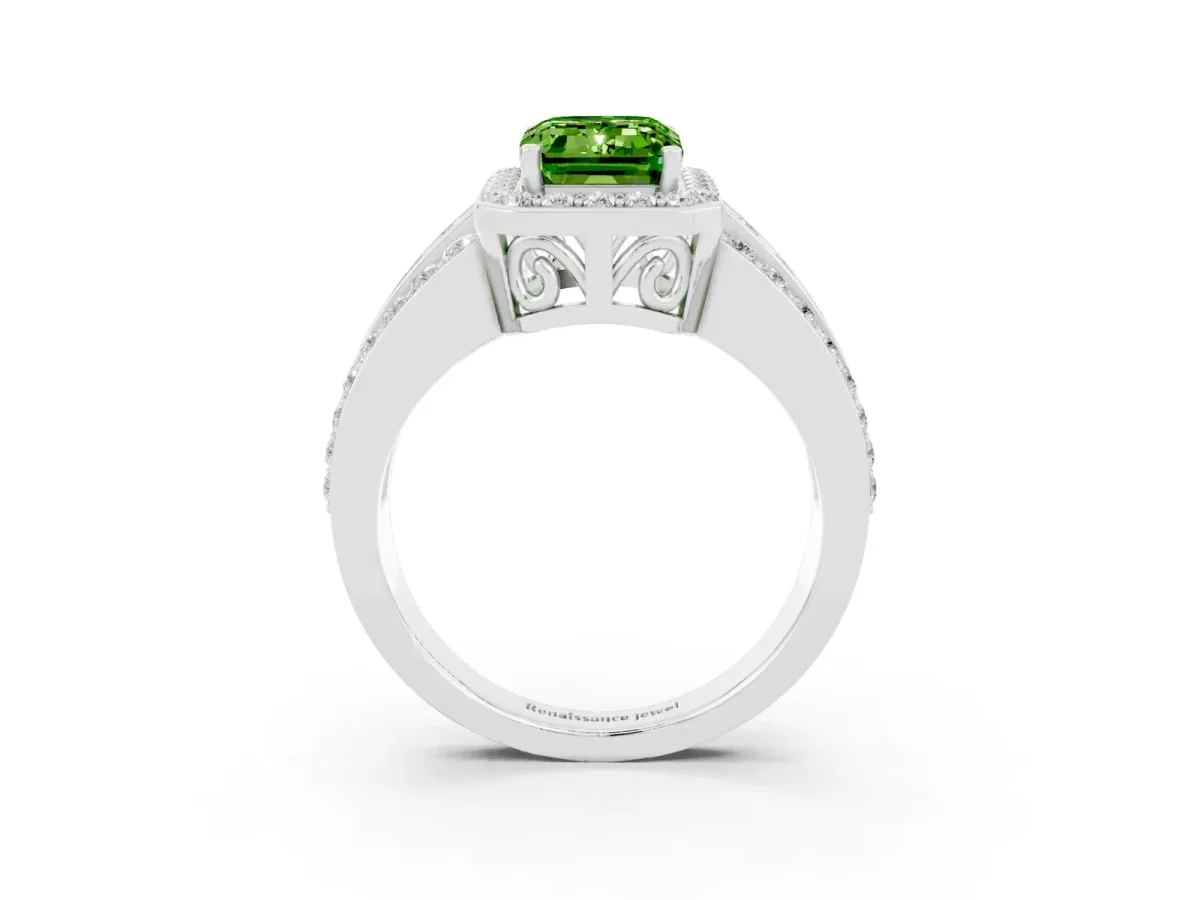 Emerald Cut Halo Peridot Ring with Round Split Shank and Prong Setting Silver