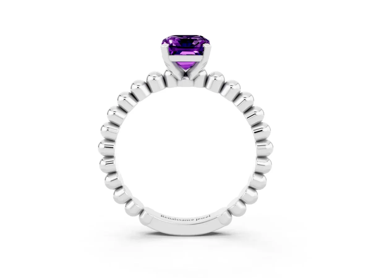 Emerald Cut Amethyst Solitaire Ring with Beaded Band and Prong Setting Platinum