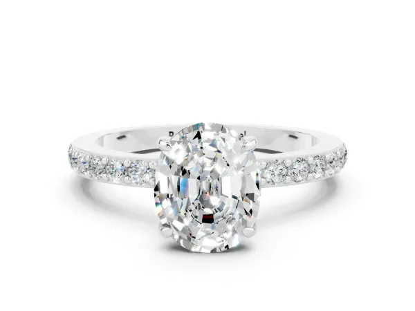 Oval Cut Moissanite Solitaire Engagement Ring with Pavé Band and Four-Prong Setting Platinum