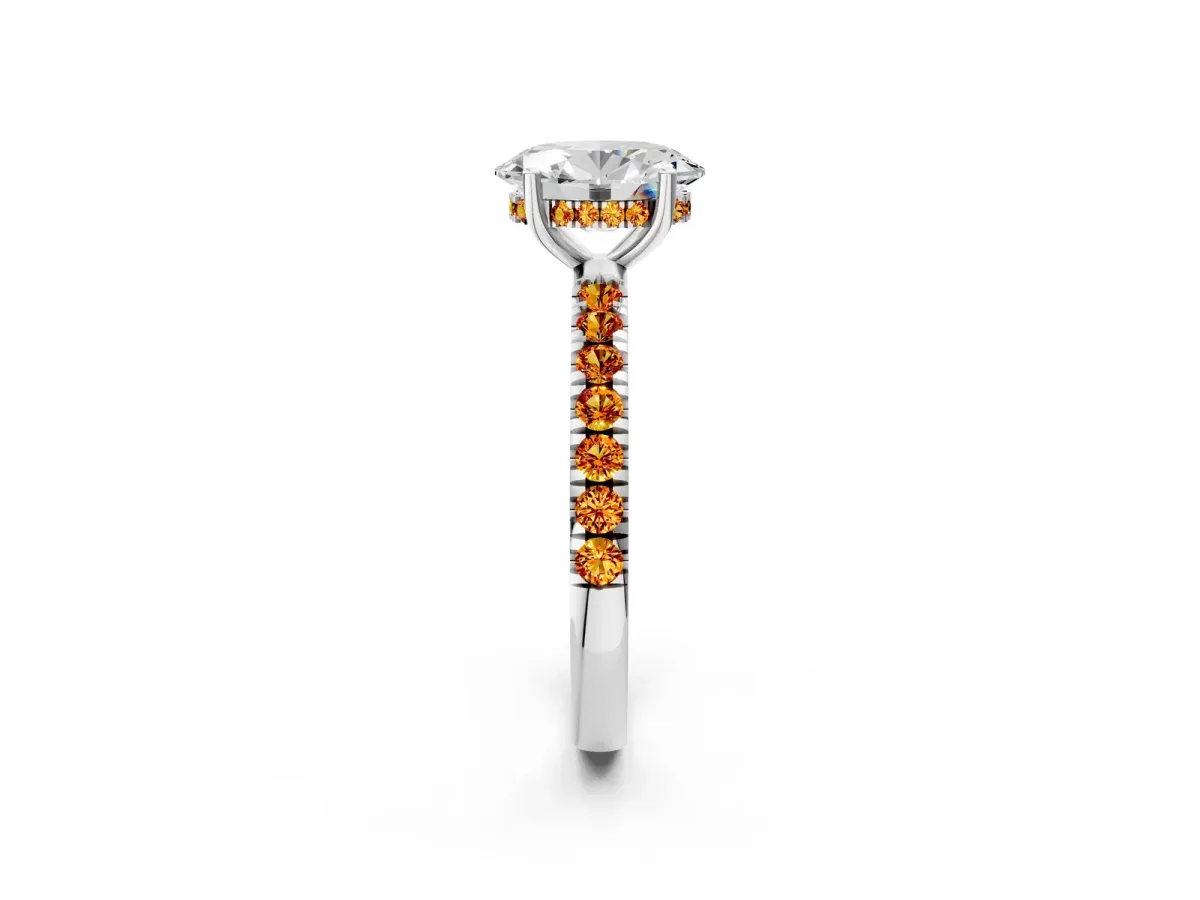 Oval Cut Diamond Pave Band Solitaire Ring with Round Citrine and Prong Setting Silver
