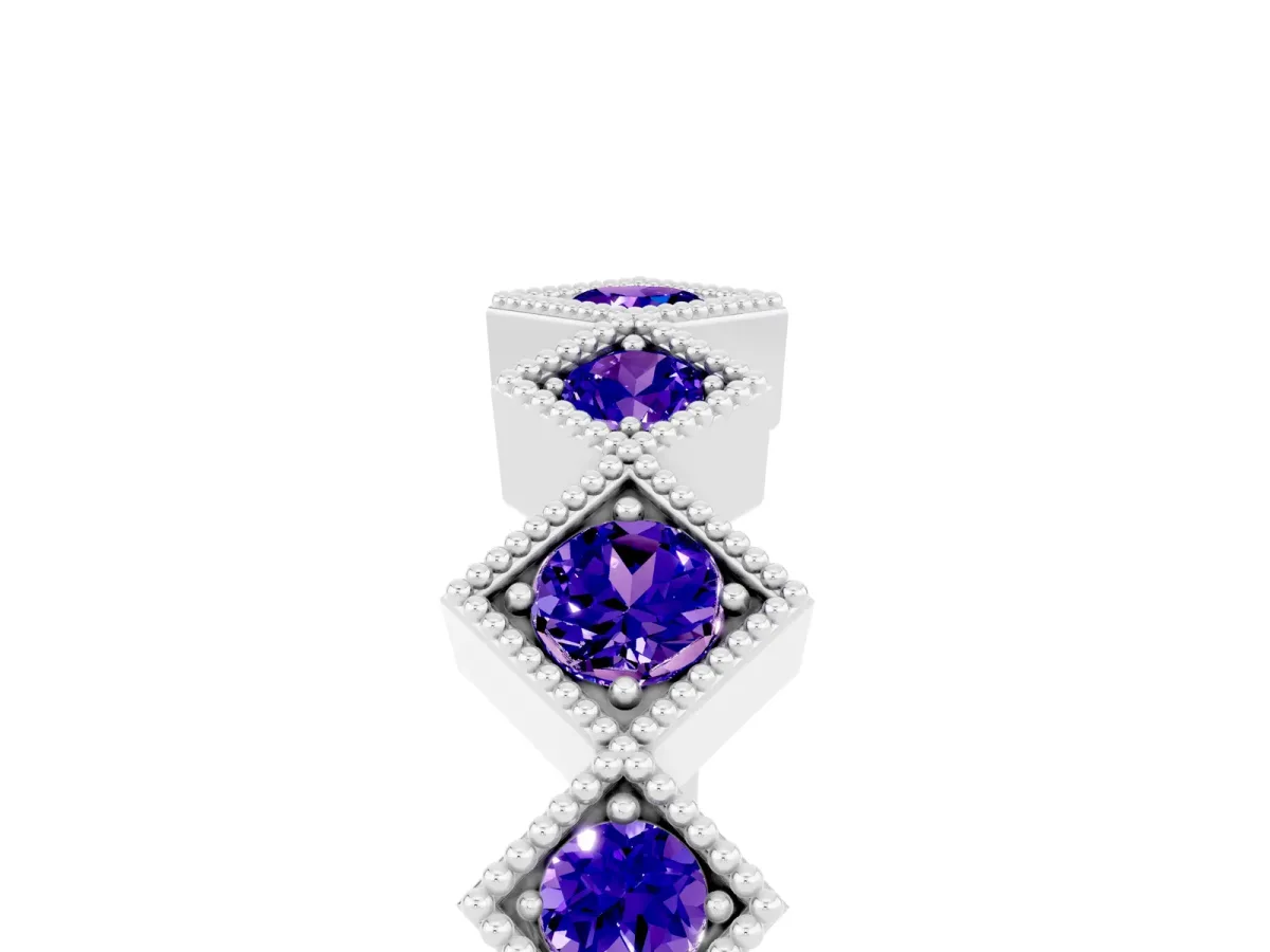 Milgrain Square Bezel Round Tanzanite Chevron Band Silver