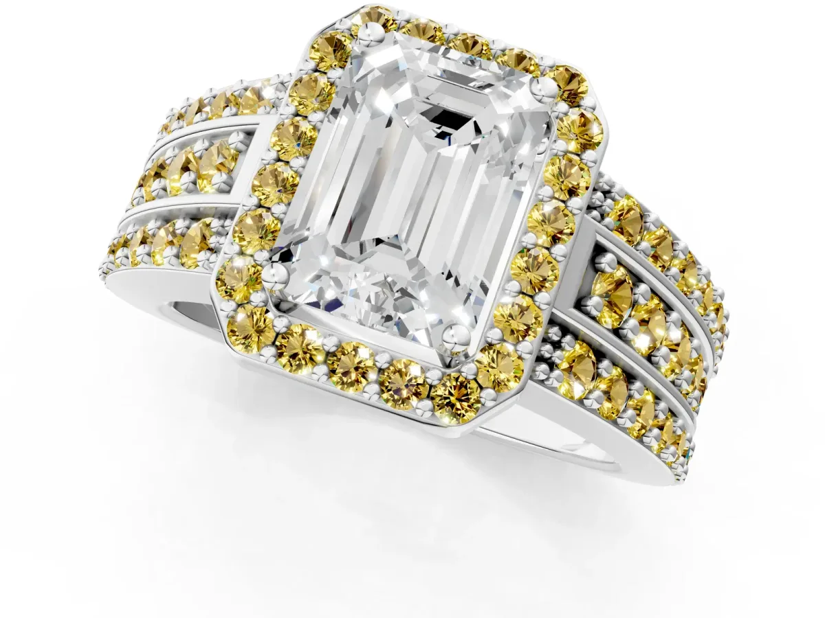 Emerald Cut Halo Diamond Ring with Round Yellow Sapphire Split Shank and Prong Setting Silver