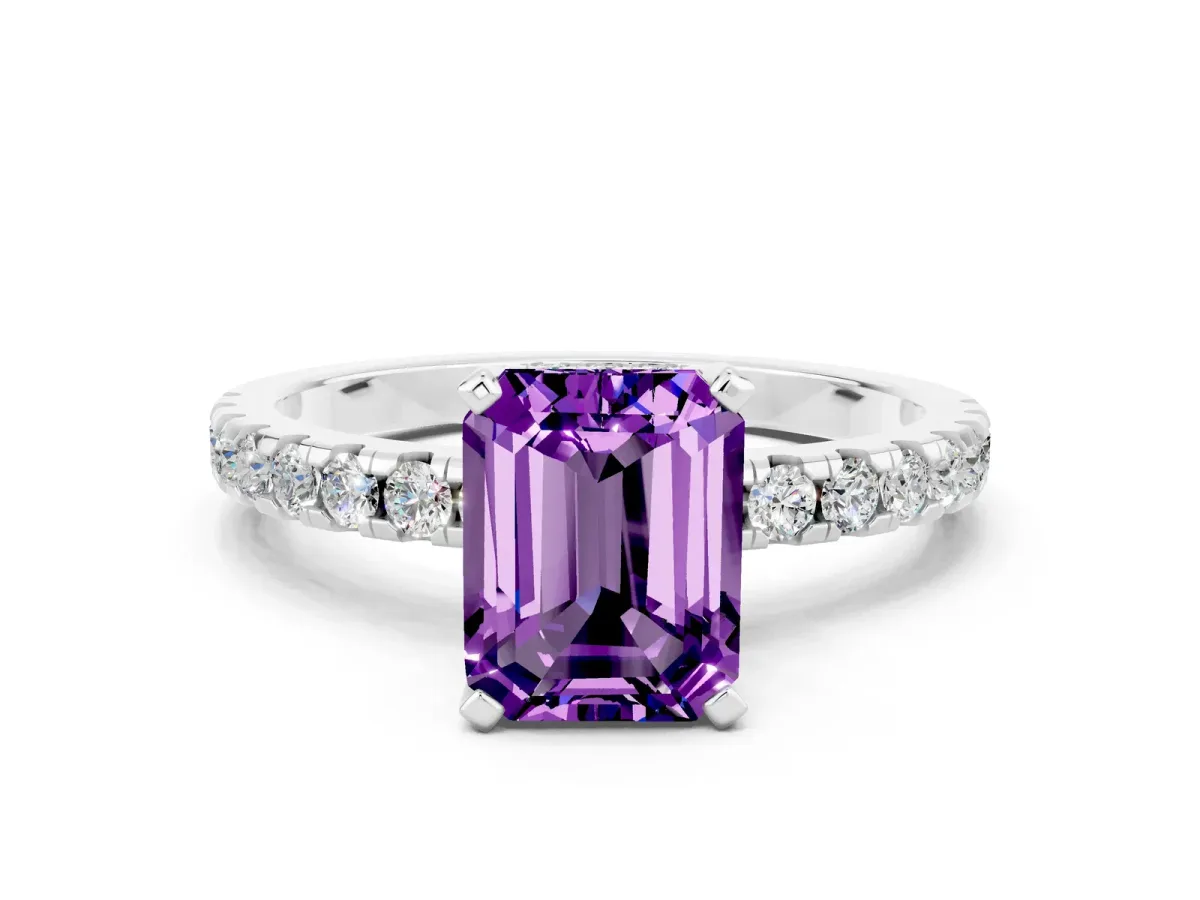 Emerald Cut Amethyst Solitaire Ring with Round Pavé Band and Four-Prong Setting Silver