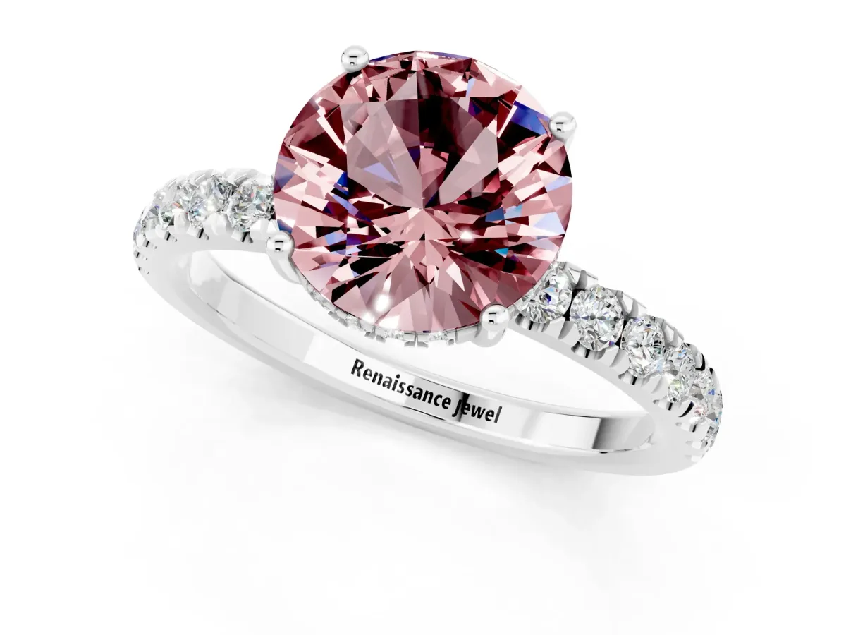 Round Cut Morganite Pave Band Solitaire Ring with Round and Prong Setting Platinum