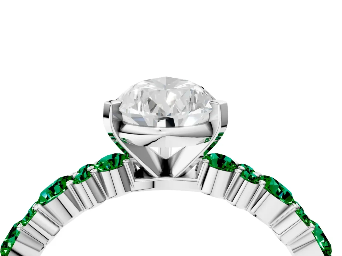 Pear Cut Diamond Side Stone Solitaire Ring with Round Emerald and Four-Prong Setting Silver