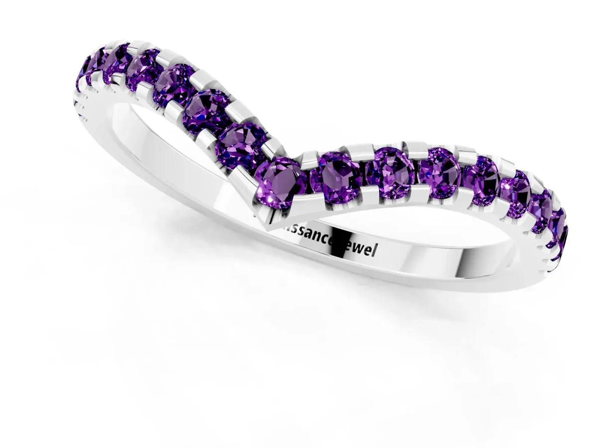 Pavé Round Amethyst Chevron Band with Shared Prong Setting Silver