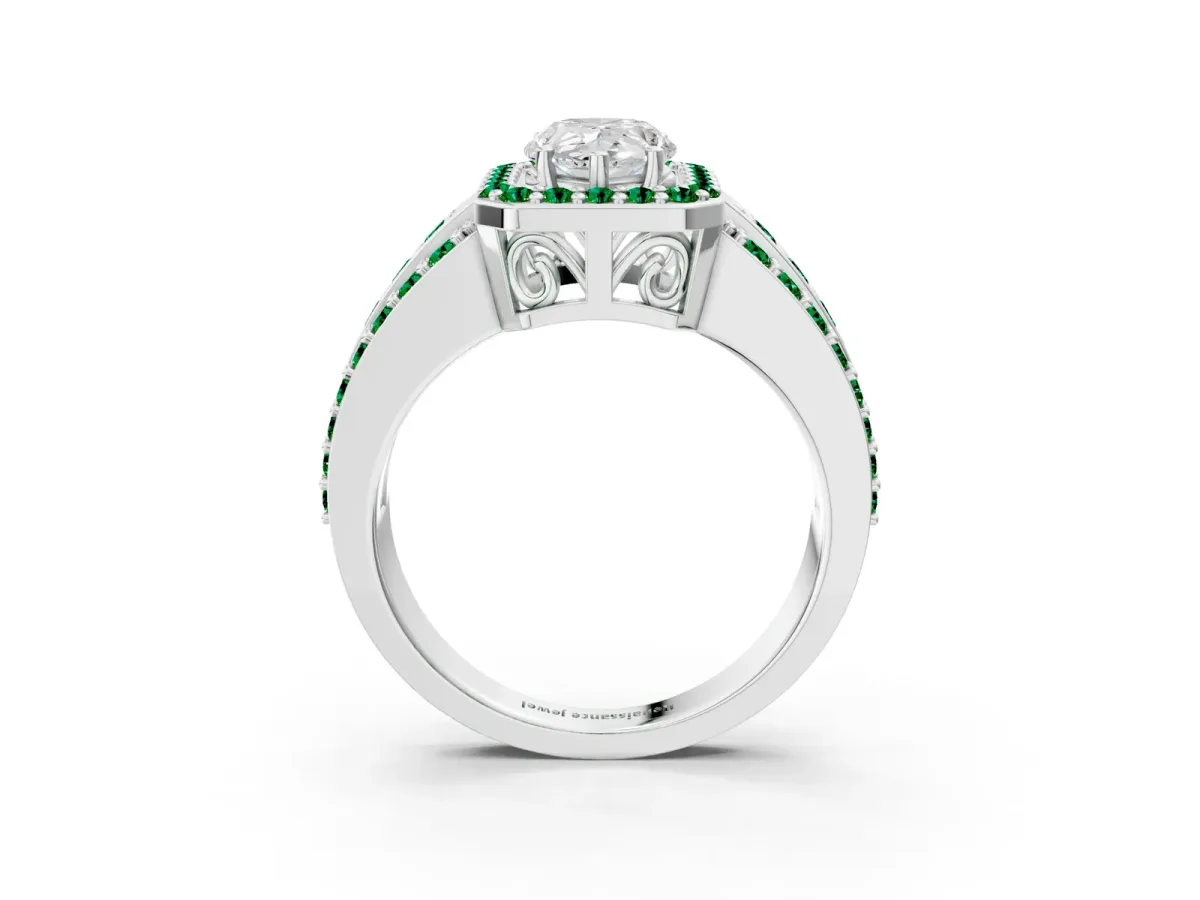Pear Cut Halo Diamond Ring with Round Emerald Split Shank and Prong Setting White gold