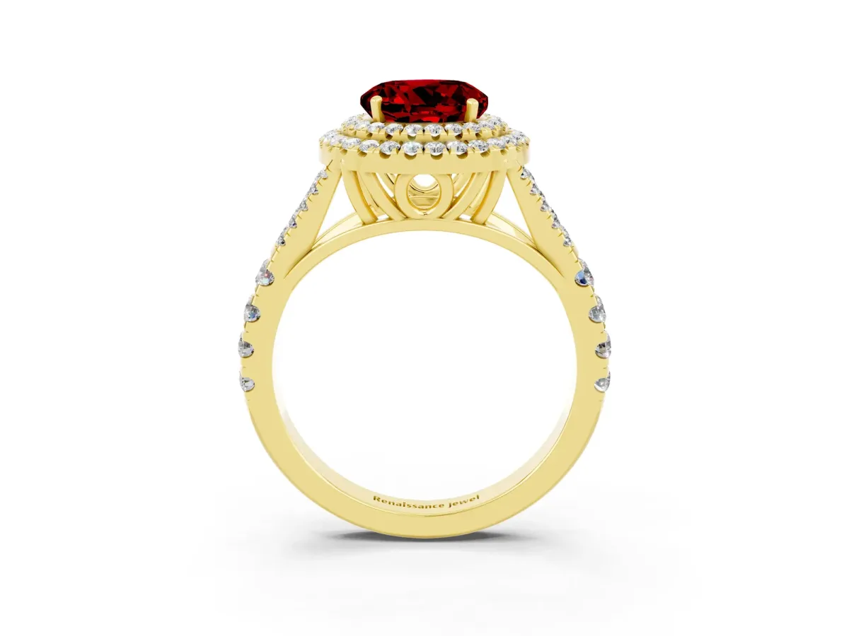 Round Cut Ruby Double Halo Ring with Split Shank and Prong Setting Yellow gold