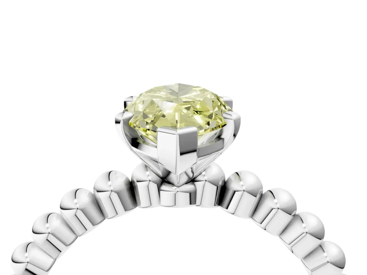 Fancy Yellow Marquise Cut Diamond Solitaire Ring with Beaded Band and Prong Setting Silver