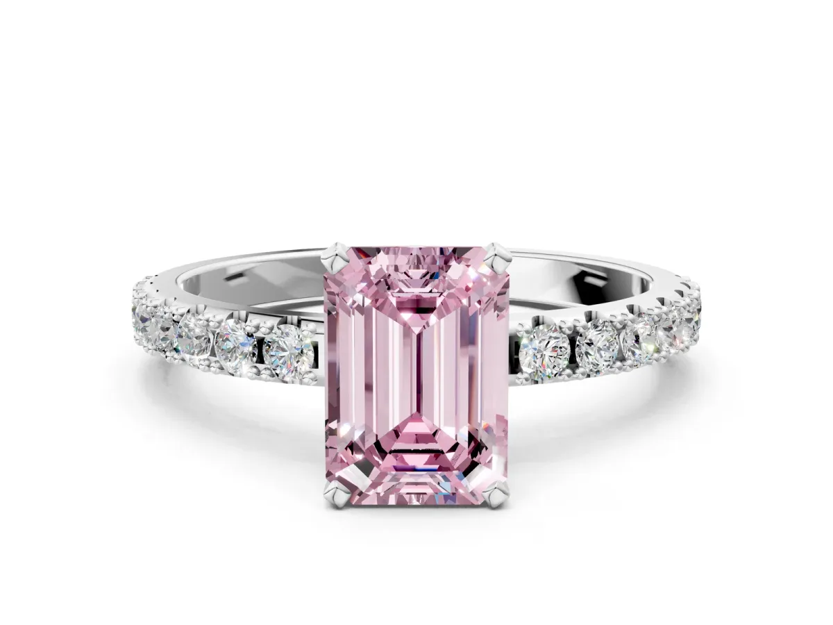 Fancy Pink Emerald Cut Diamond Solitaire Pavé Band with Four-Prong Setting Platinum
