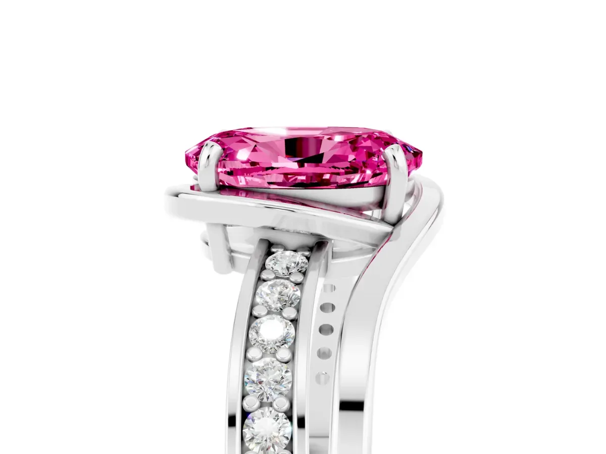 Oval Cut Pink Sapphire Solitaire Ring with Split Shank and Prong Setting White gold