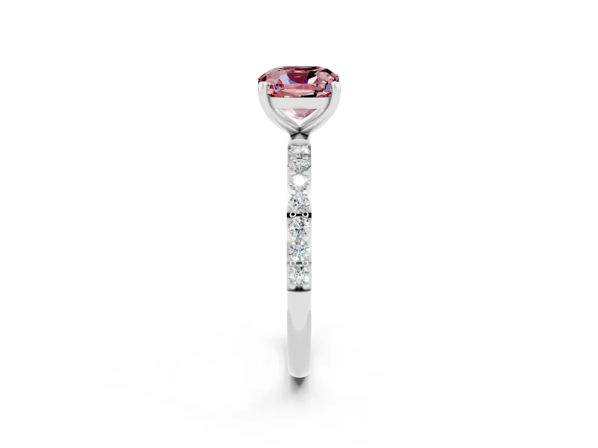 Cushion Cut Morganite Solitaire Ring with Round Pavé Band and Prong Setting Silver