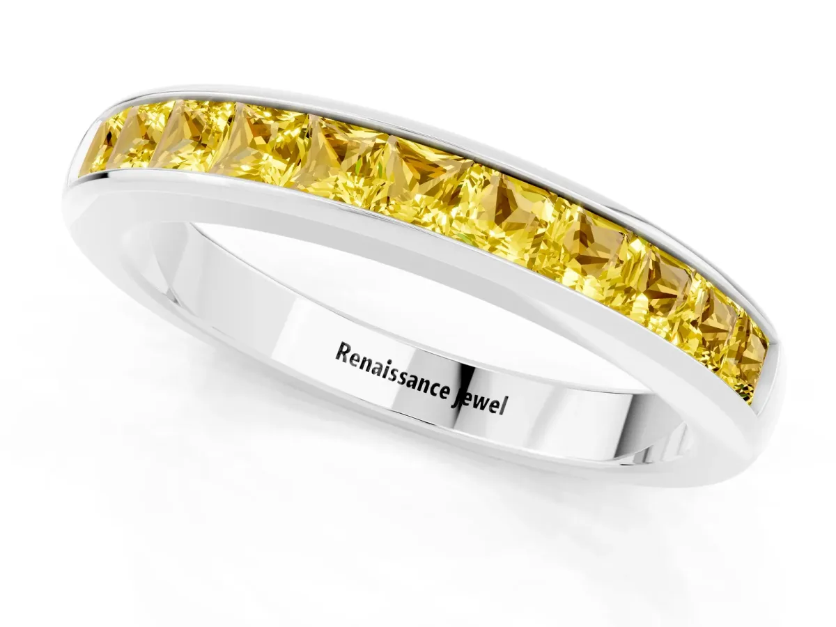 Channel Set Princess Cut Yellow Sapphire Eternity Band Silver