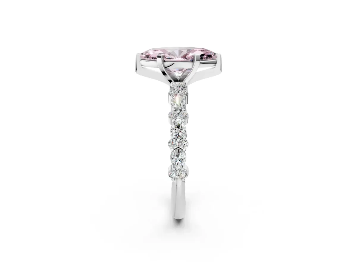 Fancy Pink Marquise Cut Diamond Side Stone Solitaire Ring with Round and Four-Prong Setting Silver