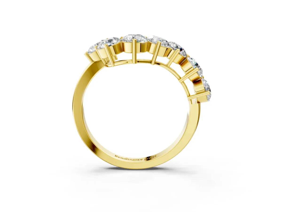 Curved Diamond Cluster Band - Round Stones, Split Shank, Prong Setting Yellow gold