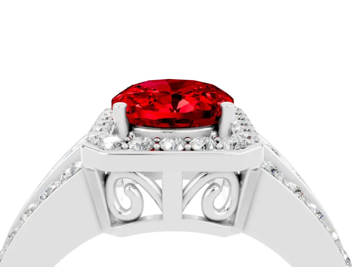 Oval Cut Halo Ruby Ring with Round Split Shank and Prong Setting Silver