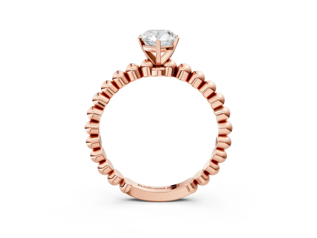 Pear Cut Diamond Solitaire Ring with Beaded Band and Prong Setting Rose gold