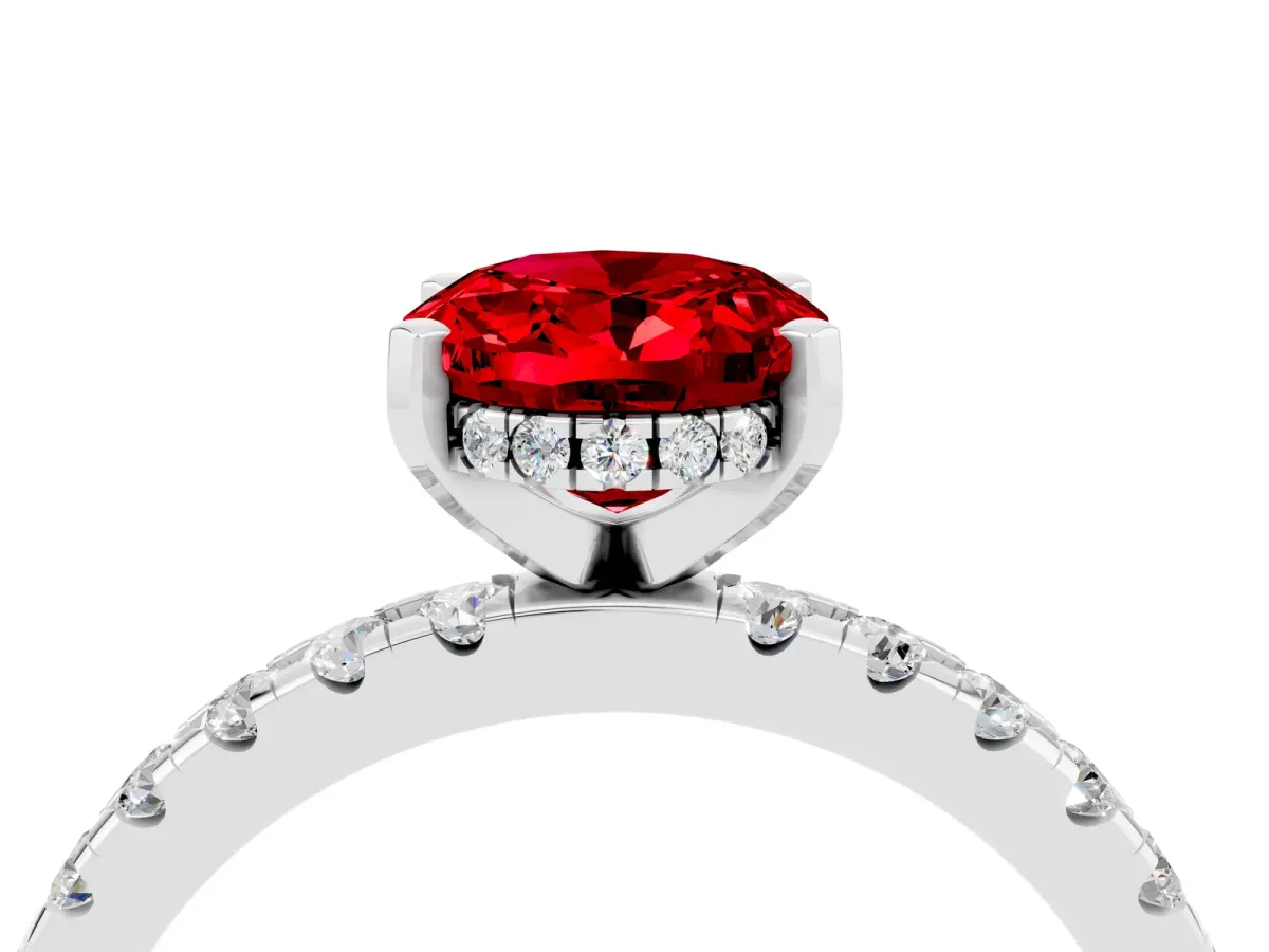 Oval Cut Ruby Solitaire Ring with Round Pavé Band and Four-Prong Setting Silver