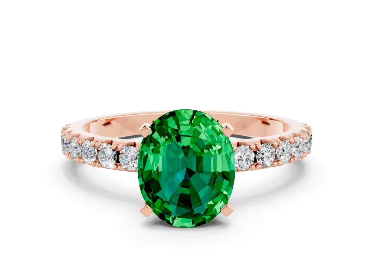 Oval Cut Emerald Solitaire Pavé Band with Four-Prong Setting Rose gold