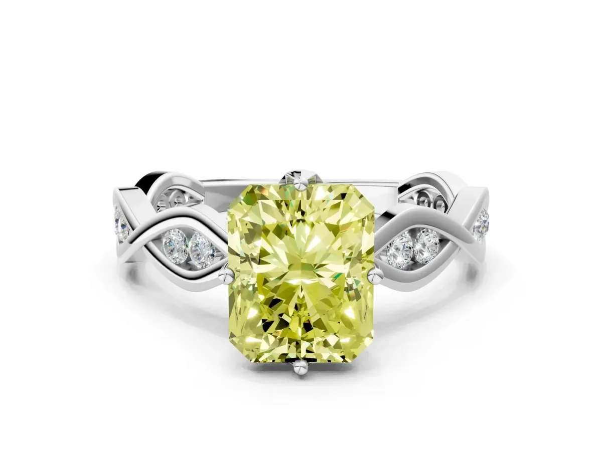 Fancy Yellow Radiant Cut Solitaire Twist Band with Leaf Prong Setting Platinum