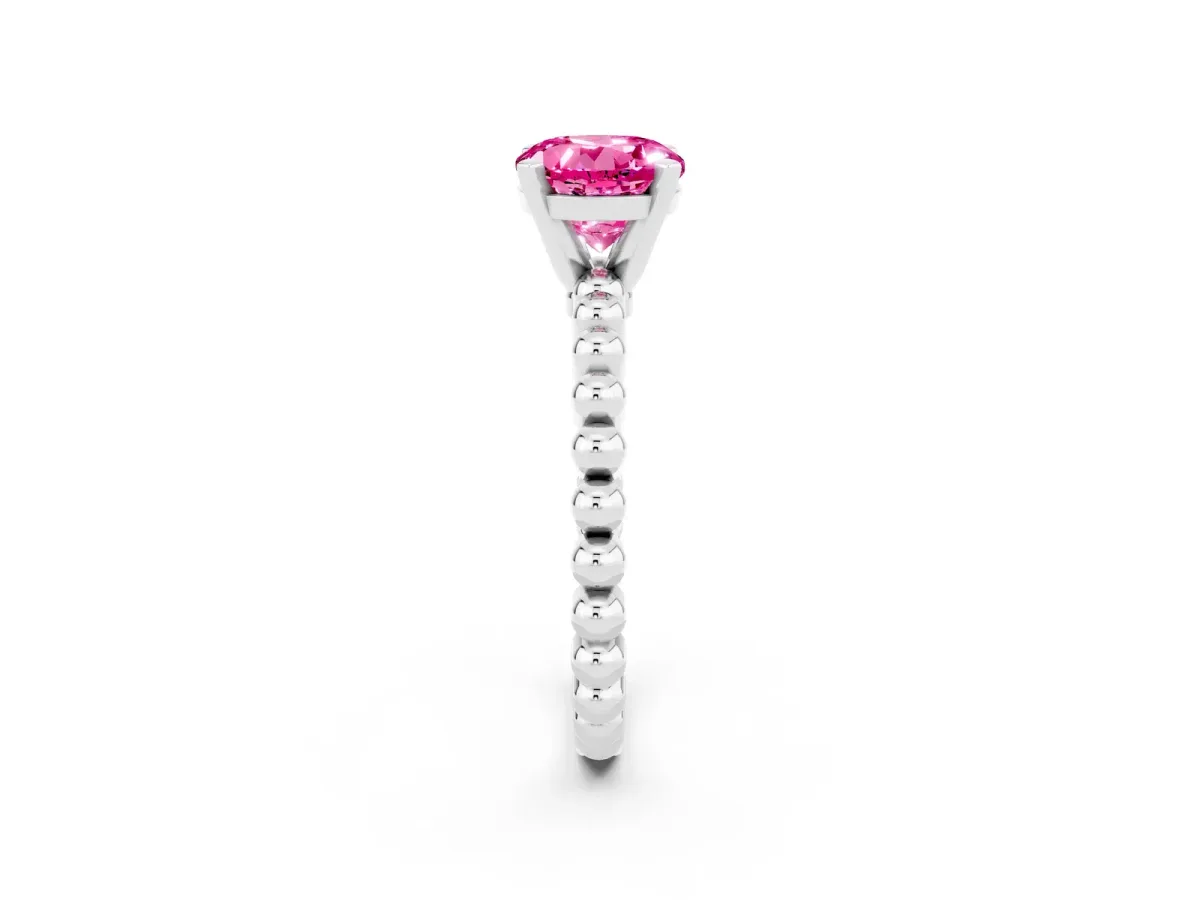 Round Cut Pink Sapphire Solitaire Ring with Beaded Band and Prong Setting Silver