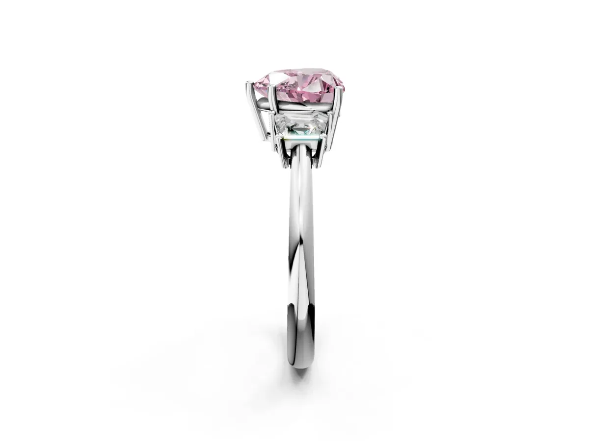Fancy Pink Heart Cut Diamond Three-Stone Ring with Trapezoid Side Stones and Prong Setting Silver