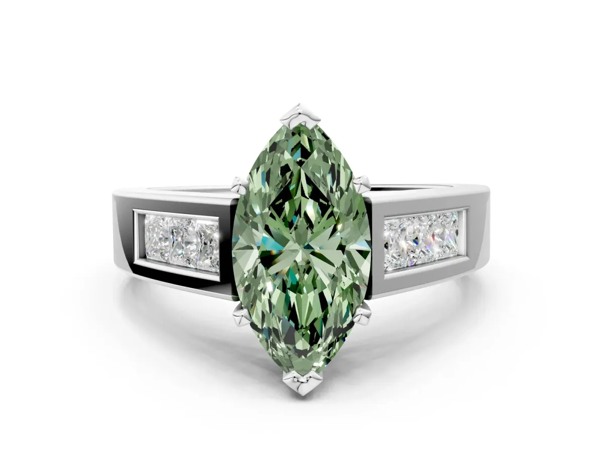 Fancy Green Marquise Cut Cut Channel Set Solitaire Ring with Four-Prong Setting Platinum