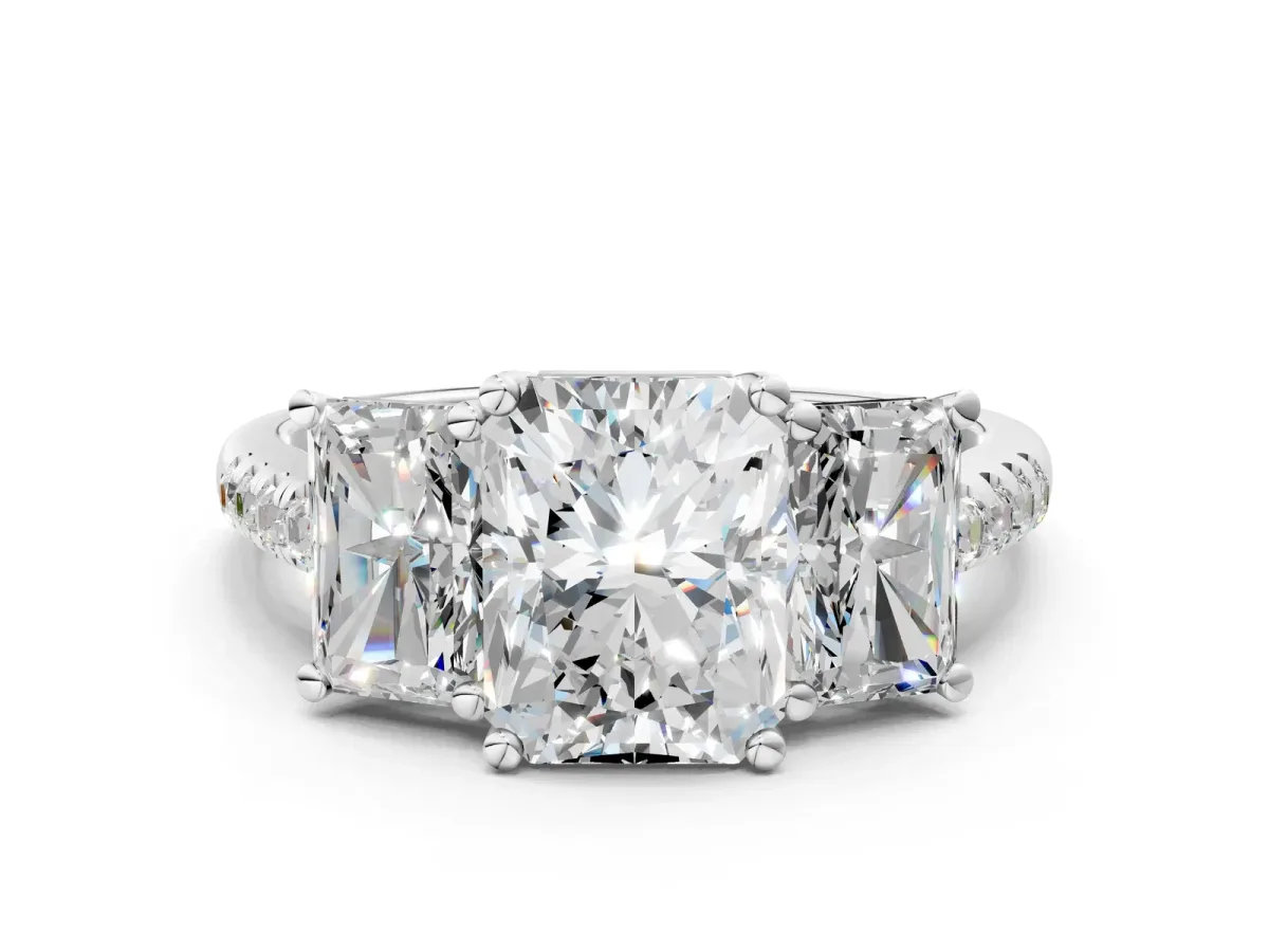 Three-Stone Radiant Cut Diamond Ring with Round Pavé Band and Prong Setting Silver