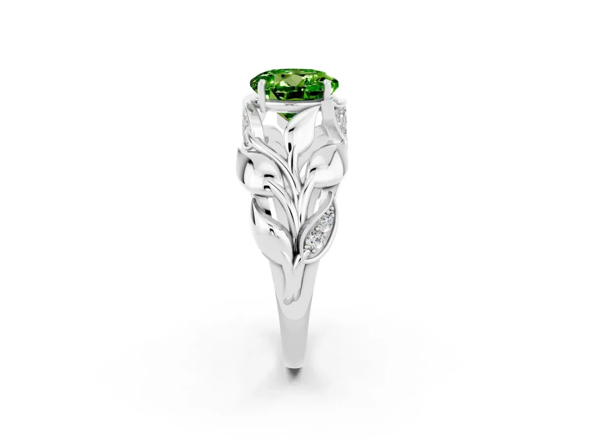 Round Cut Peridot Leaf-Inspired Engagement Ring with Round Accents and Prong Setting Silver