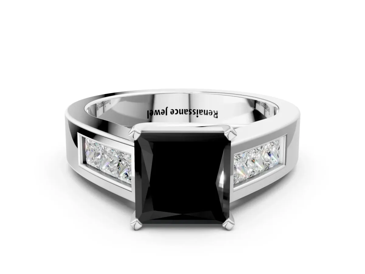 Fancy Black Princess Cut Cut Channel Set Solitaire Ring with Four-Prong Setting Silver