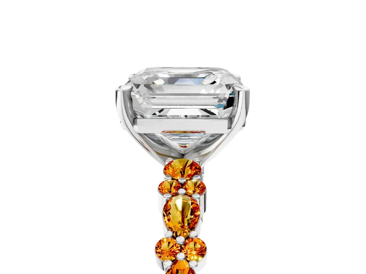 Asscher Cut Diamond Side Stone Solitaire Ring with Round Citrine and Four-Prong Setting Platinum